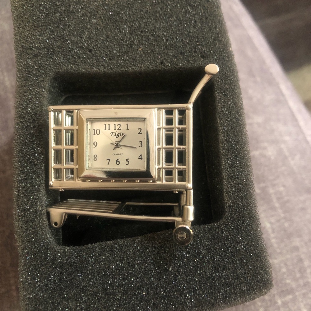 Elgin Vintage Silver Mini Shopping Cart buggy Clock
